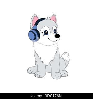 Chiot Husky de dessin animé mignon portant des écouteurs bleus isolés sur fond blanc. Illustration de Vecteur