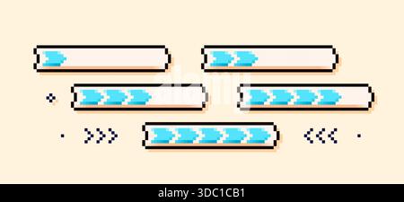 Échelle de pourcentage Pixel art. Barres de jeu de chargement bleues. Illustration de Vecteur