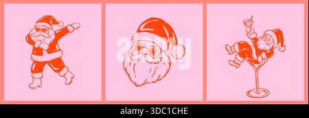 Ensemble de posters de fête disco joyeux Noël avec le Père Noël bizarre drôle assis dans martini, champagne, verre à cocktail, danse dans la boîte de nuit. Santa h Illustration de Vecteur