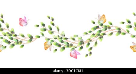 Bordure sans couture des branches de saules avec les papillons. Illustration aquarelle. Pour tissu, papier peint, papier d'emballage, cartes de voeux, conception Banque D'Images