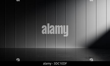 la zone intérieure sombre montre un mur avec des lignes verticales et une lumière brillante sur une section, créant une réflexion claire sur le sol. configuration des fonctions simple Banque D'Images