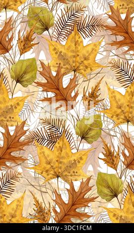 Motif aquarelle sans couture de feuilles d'automne superposées, branches de metasequoia séchées et de l'herbe sur un fond blanc. Style botanique peint à la main. Banque D'Images