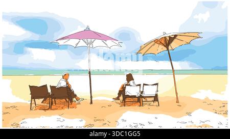 Peinture impressionniste de style croquis, amis se relaxant sur des chaises de plage, image vectorielle d'illustration numérique Illustration de Vecteur