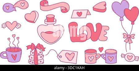 Ensemble Love Doodle. Cadeau de Saint-Valentin rose isolé et éléments dessinés à la main en forme de coeur. Collection complète pour un design romantique. Illustration vectorielle. N Illustration de Vecteur