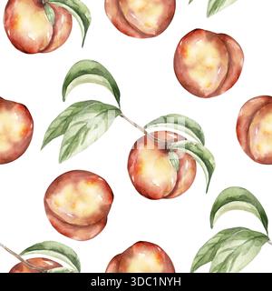 Aquarelle peinte à la main Peach fruit Seamless Pattern, papier de répétition alimentaire Banque D'Images