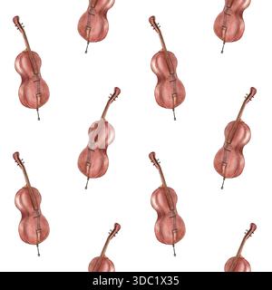 Aquarelle contrebasse marron en bois avec cordes et illustration de stand arrière-plan isolé. Instrument de musique classique de contrebasse arqué. Banque D'Images