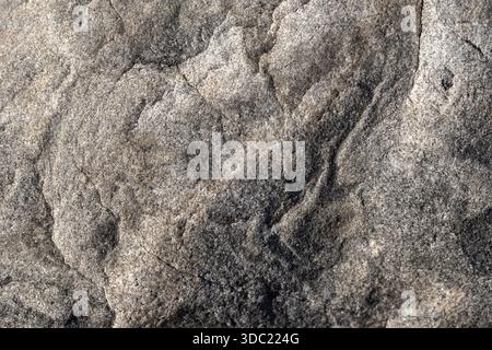 Gros plan détaillé d'une surface rocheuse accidentée présentant des tons granit gris, des taches subtiles et des plis naturels. Idéal pour les arrière-plans, les textures, Banque D'Images