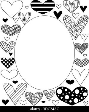 Ligne coeur cadre rectangle ovale Saint-Valentin. Illustration en noir et blanc de la ligne graphique vectorielle. Cadre photo avec contour en forme de coeur continue Fo Illustration de Vecteur