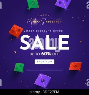 Bonne bannière Makar Sankranti vente avec chaîne de cerf-volant colorée pour le festival de l'Inde. Makar Sankranti modèle de vente ou conception de flyer Illustration de Vecteur