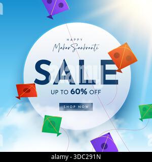 Bonne bannière Makar Sankranti vente avec chaîne de cerf-volant colorée pour le festival de l'Inde. Makar Sankranti modèle de vente ou conception de flyer Illustration de Vecteur