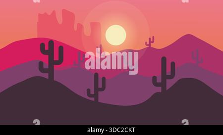 Paysage désert illustration plate coucher de soleil lever de soleil Cactus Silhouette Mountains. Arrière-plan vectoriel Illustration de Vecteur