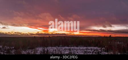 Nuages colorés peignant le ciel pendant un lever de soleil d'hiver au-dessus d'une forêt boréale poussiéreuse de neige, soulignant la brève lumière du jour le plus court dans un No Banque D'Images