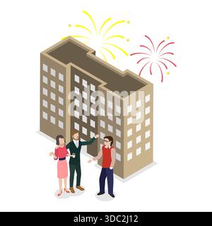 3D Isomtric Flat Set de traîner des gens, des amis joyeux s'amusant. Point 2 Banque D'Images