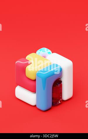 Cube 3D stylisé avec une palette de couleurs multiples, placé sur un fond rouge luxuriant, illustrant une forme abstraite numérique Banque D'Images
