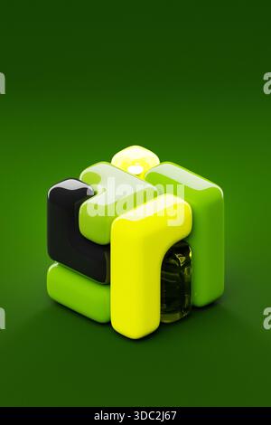 Cube 3D stylisé avec une palette de couleurs multiples, placé sur un fond rouge luxuriant, illustrant une forme abstraite numérique Banque D'Images