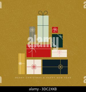 Sapin de Noël avec des cadeaux géométriques. Pour invitation, affiche, carte postale, publicité. Illustration vectorielle, conception plate Illustration de Vecteur