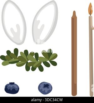 Collection dessinée à la main pour la décoration de gâteau de Pâques, les oreilles de sucre de lapin et les bougies et la couronne de myrtille et de fleurs Illustration de Vecteur