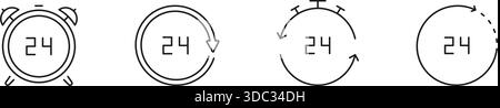 Icône de ligne de cycle horaire de 24 heures définie. Collecte de symboles de fonctionnement continu, de disponibilité et de durée de service. Gestion du temps et planification Illustration de Vecteur