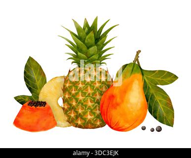 Poire persimmon ananas Arrangement de fruits aquarelle avec feuilles vertes, tranche de noix de coco et grains de poivre. La texture peinte à la main et les pigments vibrants évoquent la composition sans couture d'aquarelle artisanale Food dessinée à la main. Banque D'Images