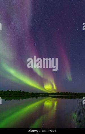 Yellowknife, Canada - 23 septembre 2025 : lumières du nord avec un lac en arrière-plan Banque D'Images