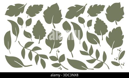Green Leaves Silhouette Bundle plants Hand Drawn Flowers Elements Set. Illustration vectorielle Illustration de Vecteur
