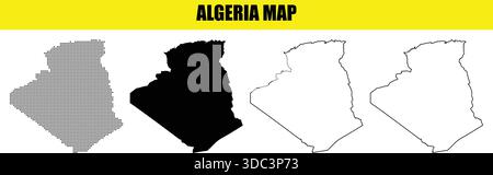 Une collection de cartes stylisées de l'Algérie. L'ensemble présente une silhouette noire unie, des contours noirs simples et une patte demi-teinte moderne en pointillés Illustration de Vecteur