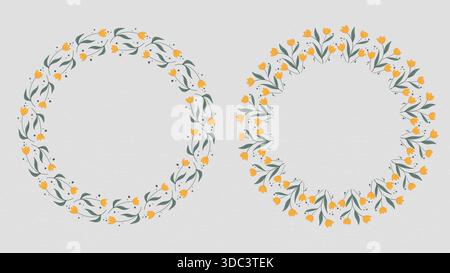 Bordure circulaire de couronne de fleurs jaunes feuilles illustration Art sur fond gris. Image vectorielle Illustration de Vecteur