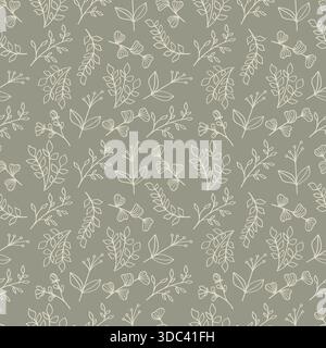 Motif sans couture vert contour feuilles botaniques et fleurs illustration de fond nature. Illustration vectorielle Illustration de Vecteur