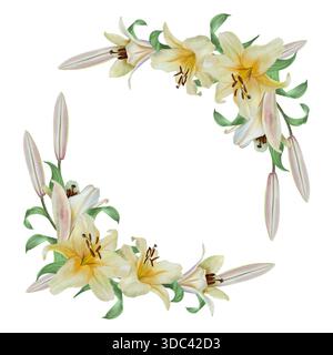 Aquarelle de lys blancs. Cadres d'angle avec un bouquet de fleurs pastel. Illustration isolée dessinée à la main. Invitations de mariage et cartes d'anniversaire Banque D'Images