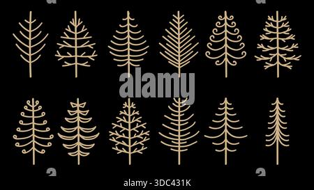 Ensemble d'arbres de Noël abstraits Gold Vintage Collection dessinée à la main. Illustration vectorielle Illustration de Vecteur
