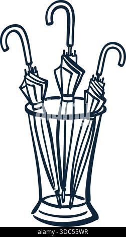 Support de style antique tenant plusieurs parapluies dessinés dans des traits élégants. Illustration de Vecteur