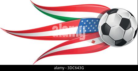 Illustration vectorielle horizontale pour la Coupe du monde 2026, mettant en vedette les drapeaux du Canada, du Mexique et des États-Unis intégrés à un ballon de soccer Illustration de Vecteur