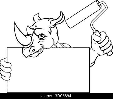 Rhino Painter Decorator Paint Roller Mascot Homme Illustration de Vecteur