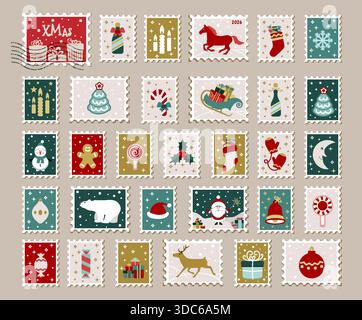 Timbres-poste sur le thème de Noël. Ensemble de timbres de Noël. Illustration de Vecteur