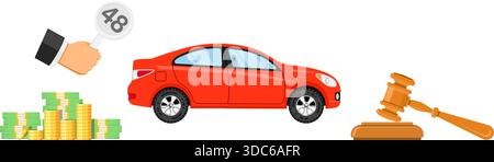 Enchères et concept d'enchères. Acheteur tenant en main l'offre. Marteau et argent. Voiture de vente aux enchères. icône dans un style plat. illustration vectorielle isolée Illustration de Vecteur