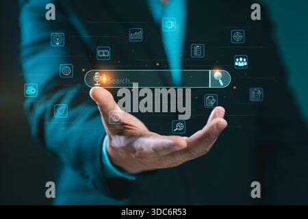 Recherche avec ai Assistant ; concept d'optimisation de moteur de recherche SEO. Icônes AI SEO sur les sites Web pour classer les moteurs de recherche ou effectuer du SEO. rechercher à l'écran. Ar Banque D'Images