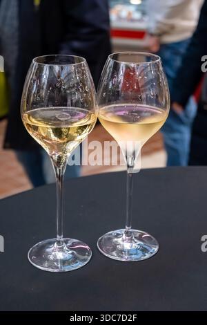 Dégustation spéciale pour les visiteurs, association de nourriture avec un verre de vin de champagne, plats délicieux préparés par des chefs cuisiniers renommés à la nourriture d'hiver et Banque D'Images