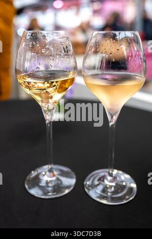 Dégustation spéciale pour les visiteurs, association de nourriture avec un verre de vin de champagne, plats délicieux préparés par des chefs cuisiniers renommés à la nourriture d'hiver et Banque D'Images