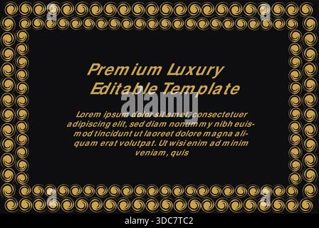 Ce modèle éditable de luxe haut de gamme présente un fond noir profond saisissant avec une bordure ornementale dorée composée de circula complexes et répétitifs Illustration de Vecteur