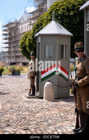 Les membres de la Garde royale hongroise surveillent près du château de Buda, portant des uniformes traditionnels dans un cadre historique. Banque D'Images