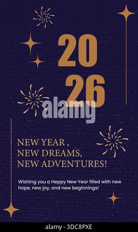 Une bannière verticale de luxe pour le nouvel an 2026 avec une typographie dorée et des feux d'artifice sur un fond grunge bleu marine avec des citations inspirantes. Illustration de Vecteur