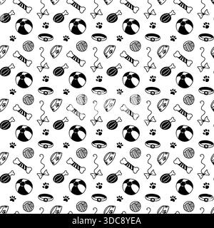 Modèle sans couture d'accessoires pour animaux dessinés à la main avec des jouets, des os, des boules et des bols sur fond blanc Illustration de Vecteur