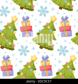 joli motif sans couture avec des arbres de noël avec guirlande et boîtes cadeaux Illustration de Vecteur