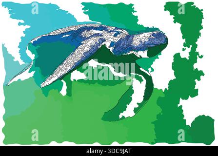 Peinture impressionniste de style croquis, Une natation de tortues de mer, image vectorielle d'illustration numérique Illustration de Vecteur
