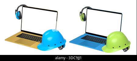 Ordinateurs portables avec des écrans vierges entourés de casques de construction, respirateurs et protections auditives isolés sur fond blanc avec chemin de clipping, symbolisant w Banque D'Images