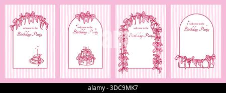 Invitations d'anniversaire dans le style Girly Coquette. Modèles Vintage dessinés à la main avec guirlande d'arcs, gâteau de bday et arc d'arc d'arc en couleur rose. Jolis designs d'invitation de fête élégants pour l'impression ou l'utilisation sur le Web. Illustration de Vecteur