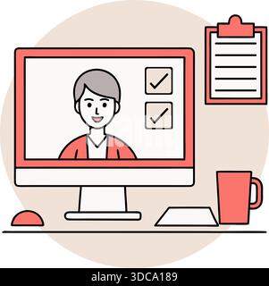 Femme remplissant la liste de contrôle en ligne avec satisfaction sur l'écran d'ordinateur portable Illustration de Vecteur
