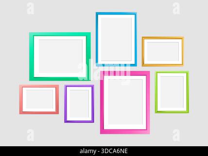Ensemble de cadres photo en bois coloré collection. Ensemble de cadres carrés colorés en bois. Cadres photo pour votre design, galeries, décor, mur compris Illustration de Vecteur