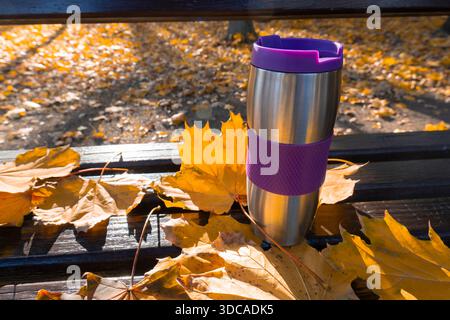 Tasse thermo argentée avec poignée violette debout sur un banc de parc en bois foncé entouré de feuilles d'érable dorées tombées sur une journée d'automne ensoleillée Banque D'Images