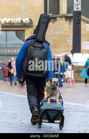 Homme portant une guitare et tirant un chariot et un étui de transport avec son chien de compagnie assis sur le dessus. Buchanan Street, Glasgow, Écosse Banque D'Images